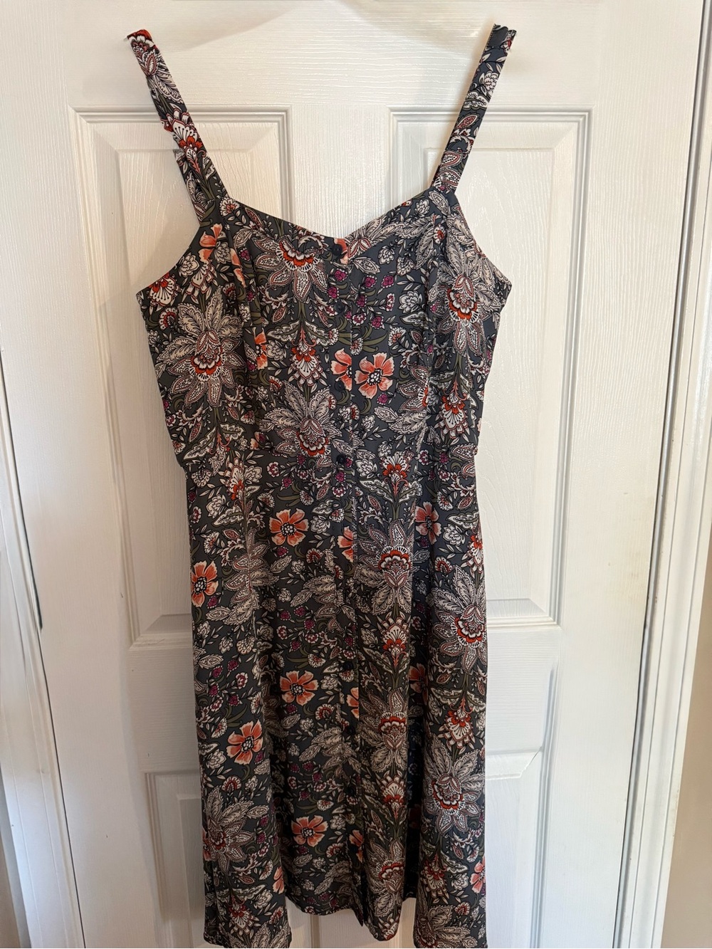 LOFT OUTLET Charcoal Floral Midi Dress with Orange & Pink Accents